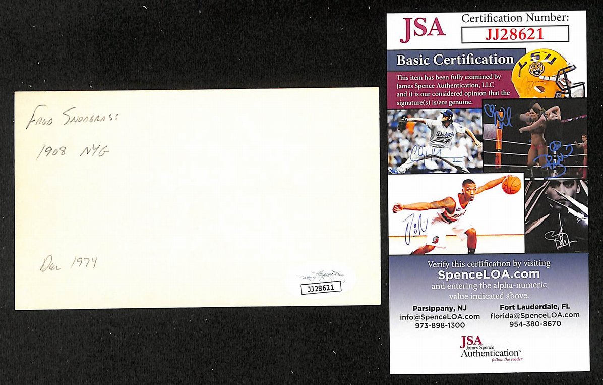 Fred Snodgrass Giants Autographed/Signed 3x5 Index Card JSA BA208512