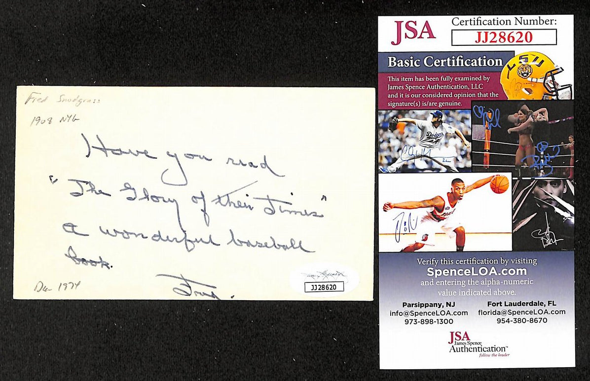 Fred Snodgrass Giants Autographed/Signed 3x5 Index Card JSA BA208513