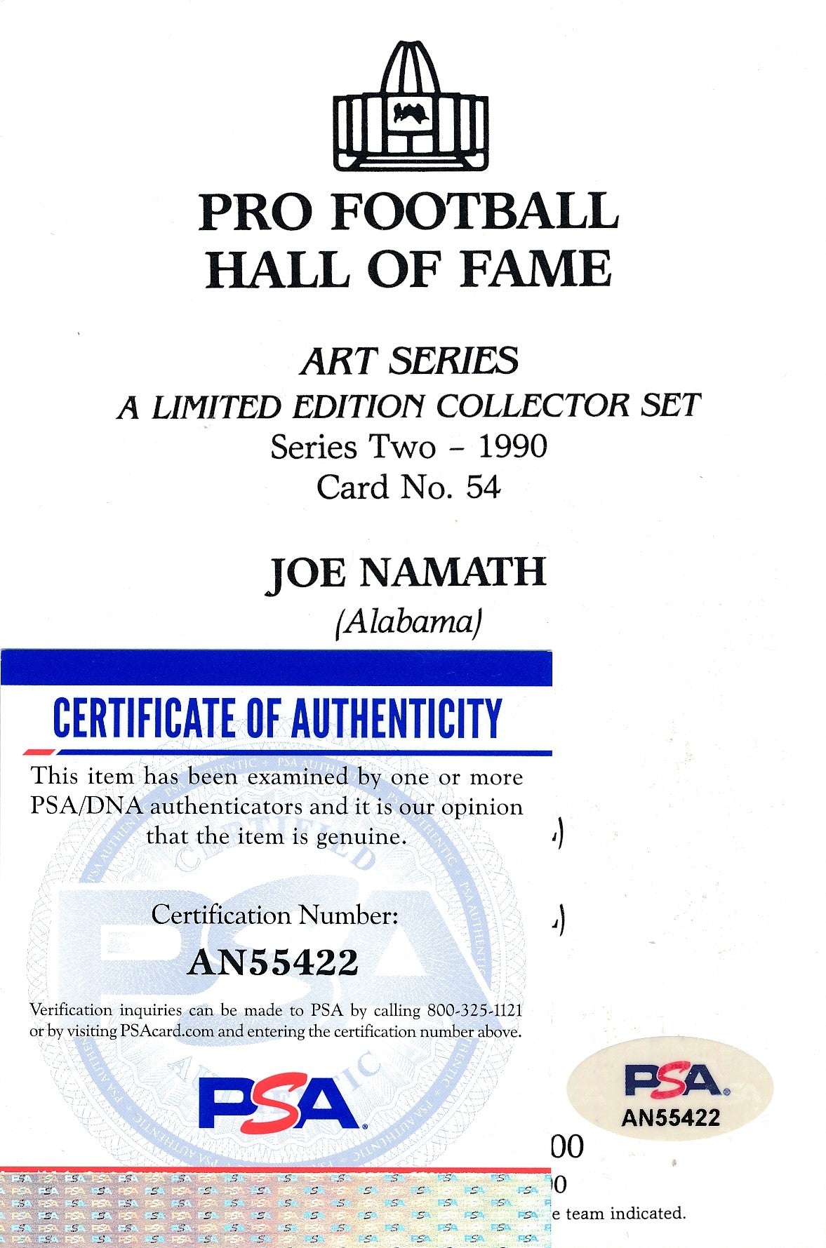 Joe Namath HOF Jets Signed 1990 GLAC/Goal Line Art Postcard PSA/DNA 186312