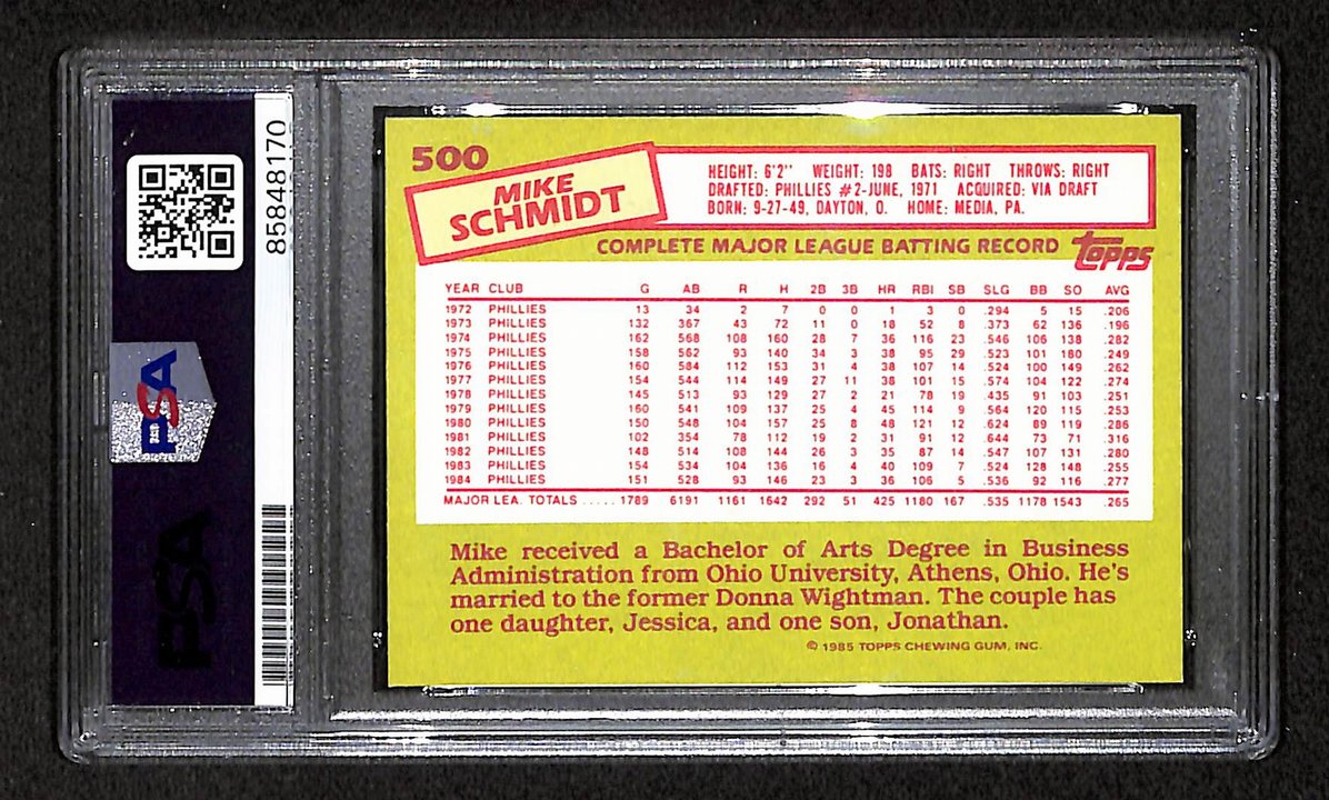 Mike Schmidt 1985 Topps Tiffany Card # 500 Phillies HOF Signed PSA/DNA 10 209381