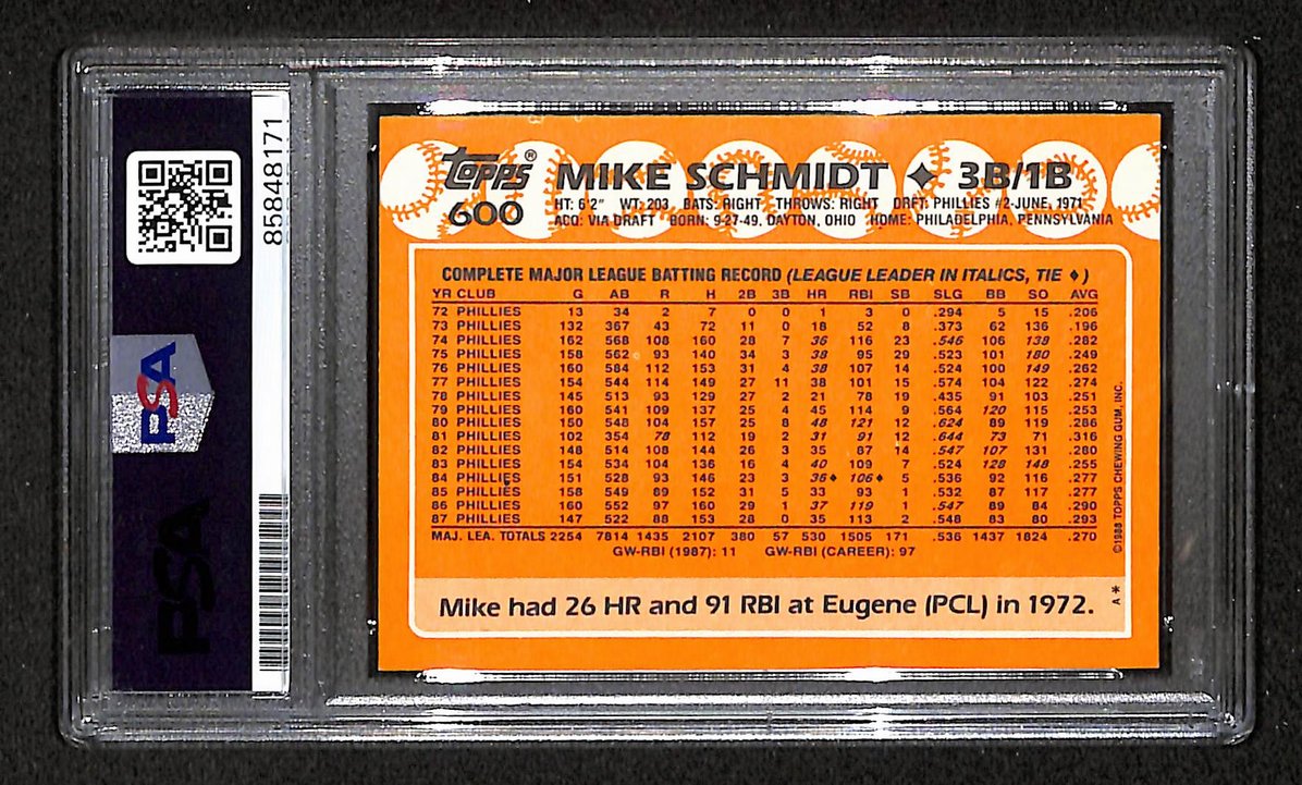Mike Schmidt 1988 Topps Tiffany Card # 600 Phillies HOF Signed PSA/DNA 10 209382