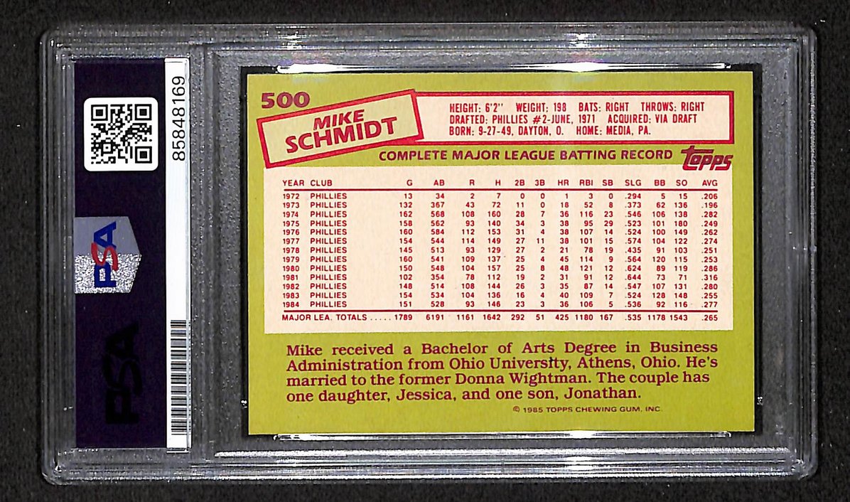 Mike Schmidt 1985 Topps Tiffany Card # 500 Phillies HOF Signed PSA/DNA 10 209380