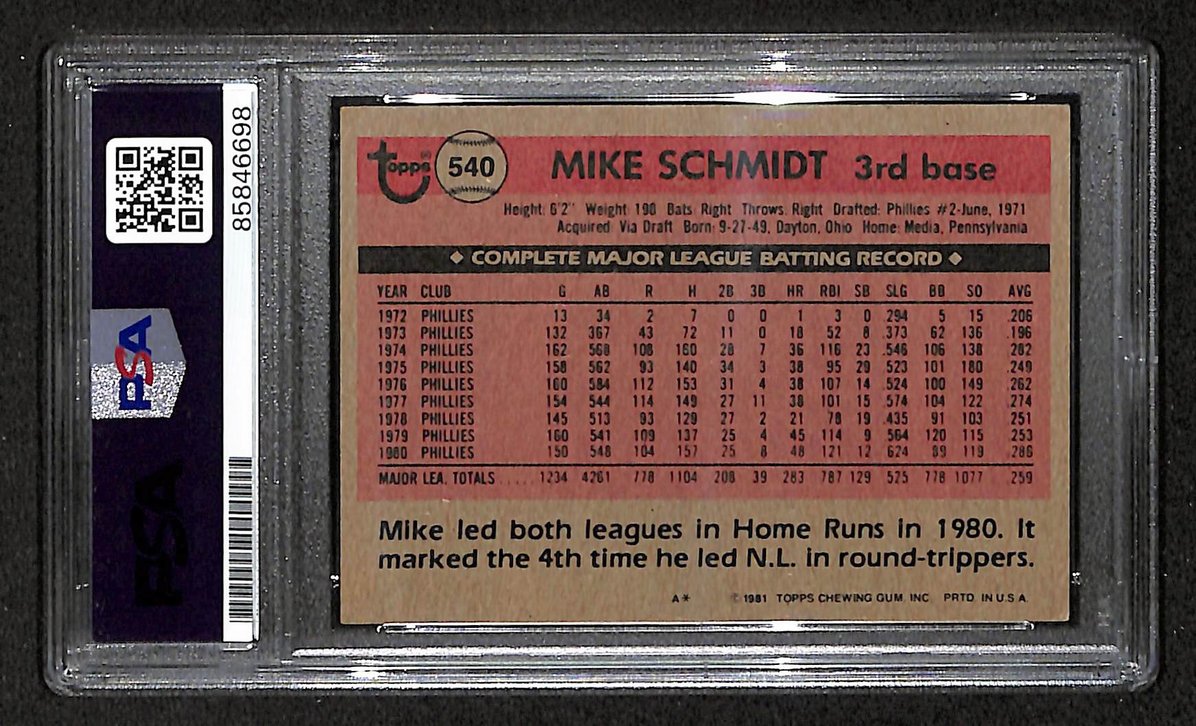 Mike Schmidt 1980 Topps Card #540 Phillies HOF Signed/Autographed PSA/DNA 208795