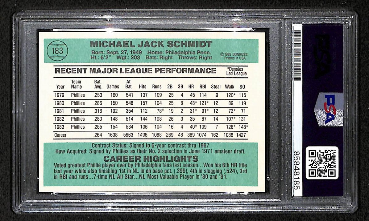 Mike Schmidt 1984 Donruss Card #183 Phillies HOF Signed PSA/DNA Auto GEM 10 8803