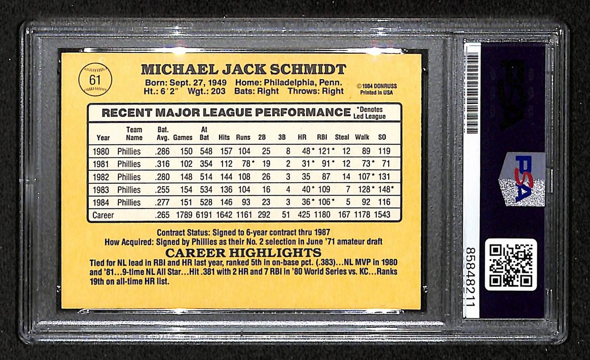 Mike Schmidt 1985 Donruss Card #61 Phillies HOF Signed PSA/DNA Auto GEM 10 8806