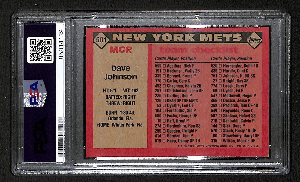 Dave Johnson 1986 Topps Card #501 Signed & Insc "86 WS Champs" PSA/DNA BA209443