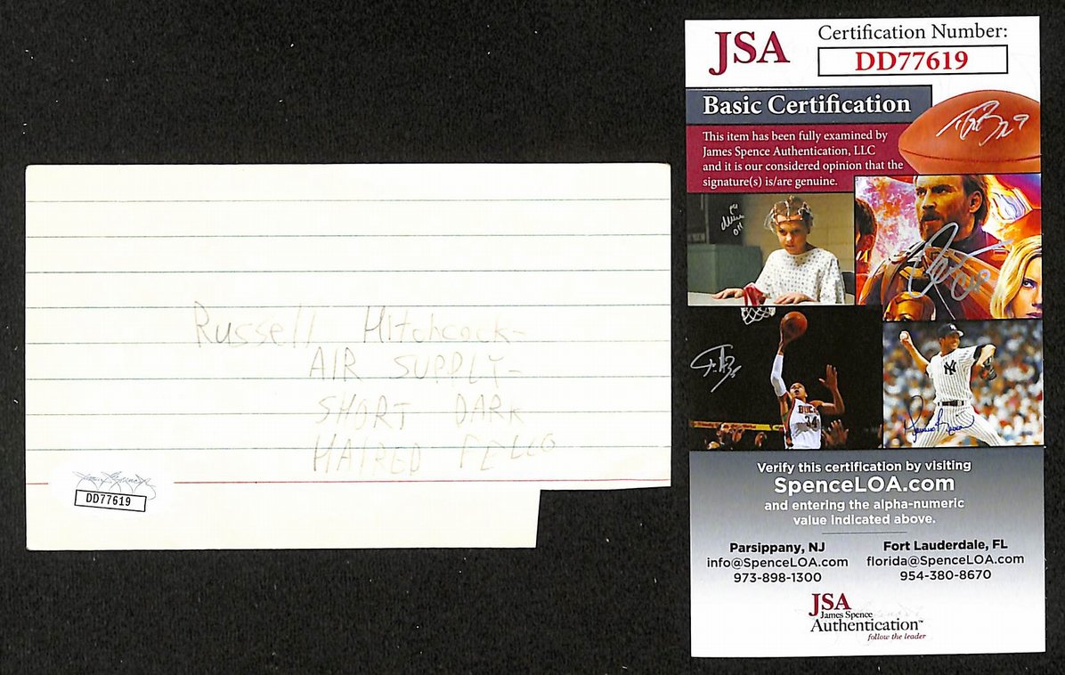 Russell Hitchcock Autographed/Signed 3x5 Index Card Air Supply JSA BA209467