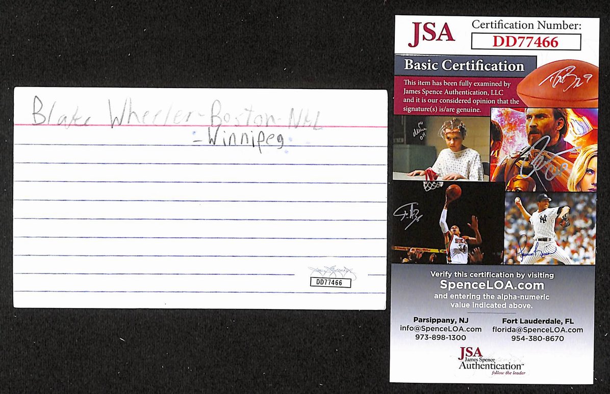 Blake Wheeler Autographed/Signed 3x5 Index Card Bruins Jets JSA BA209568
