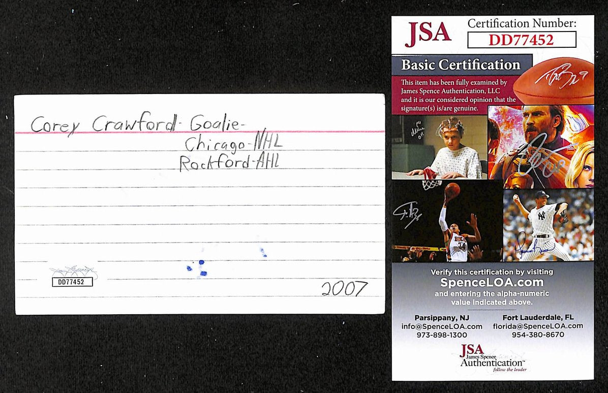 Corey Crawford Autographed/Signed 3x5 Index Card Blackhawks JSA BA209576