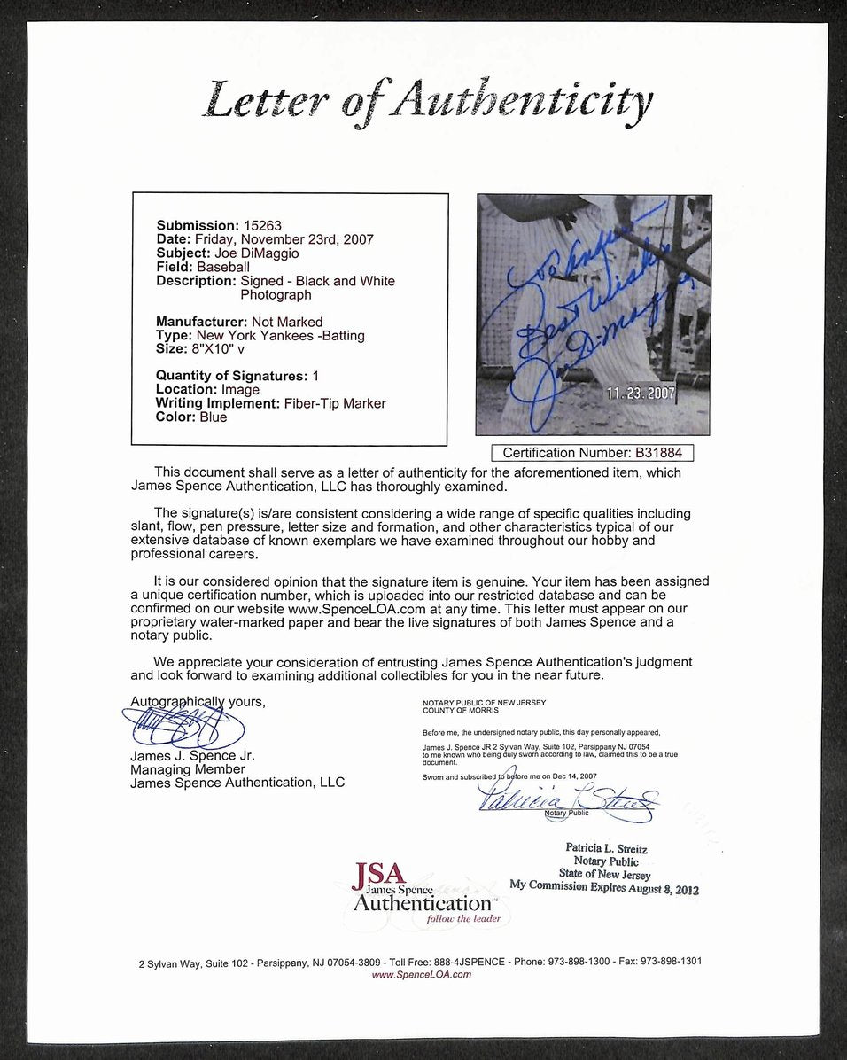 Joe DiMaggio HOF Yankees Signed/Autographed 8x10 JSA Letter 209679