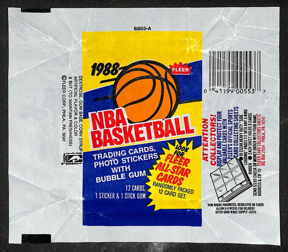 1988-89 Fleer NBA Basketball Wax Pack Wrapper Michael Jordan 3rd Year 209637