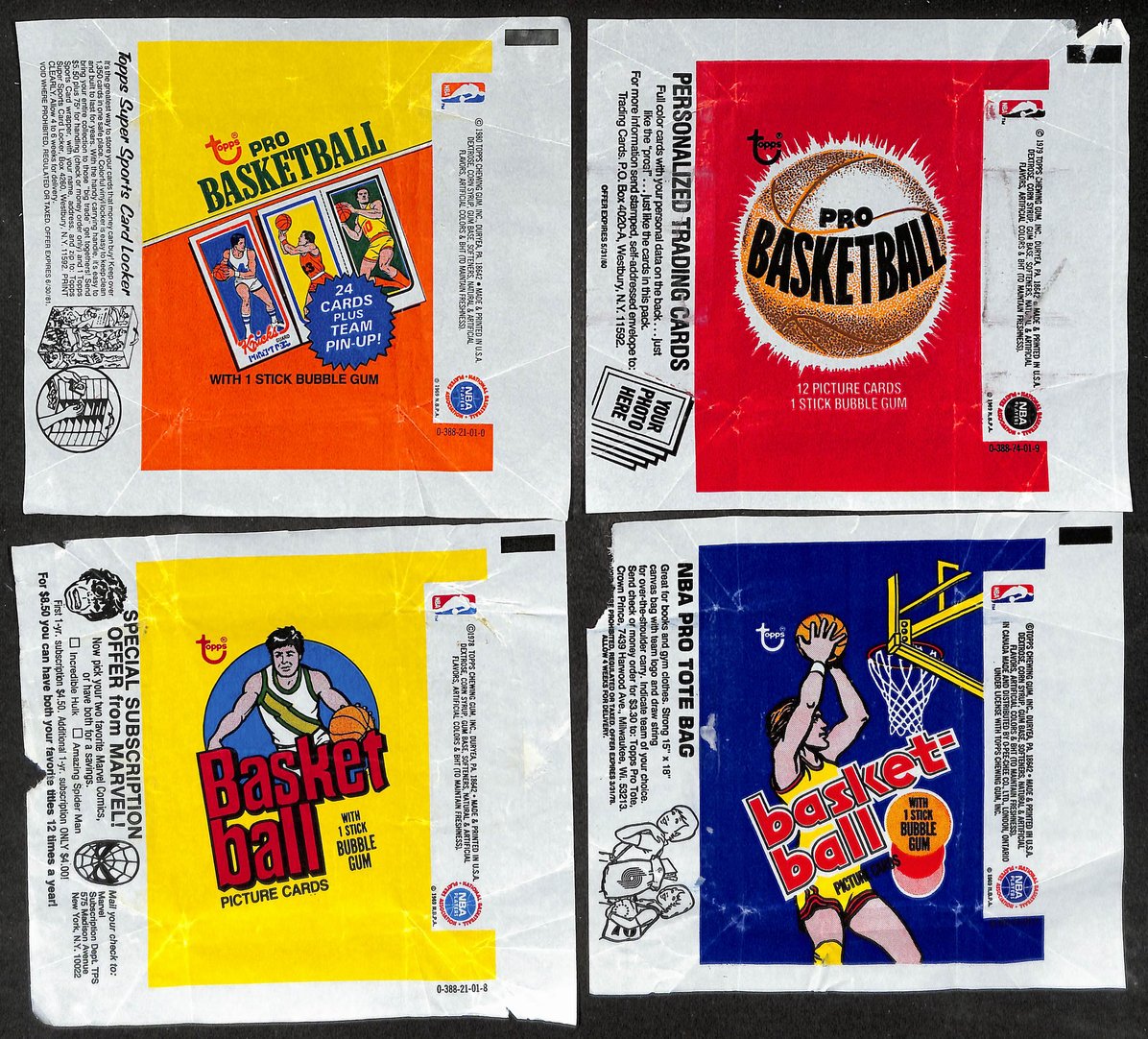 Lot of (4) 1977, 1978, 1979 & 1980-81 Topps NBA Basketball Wax Pack Wrappers 649