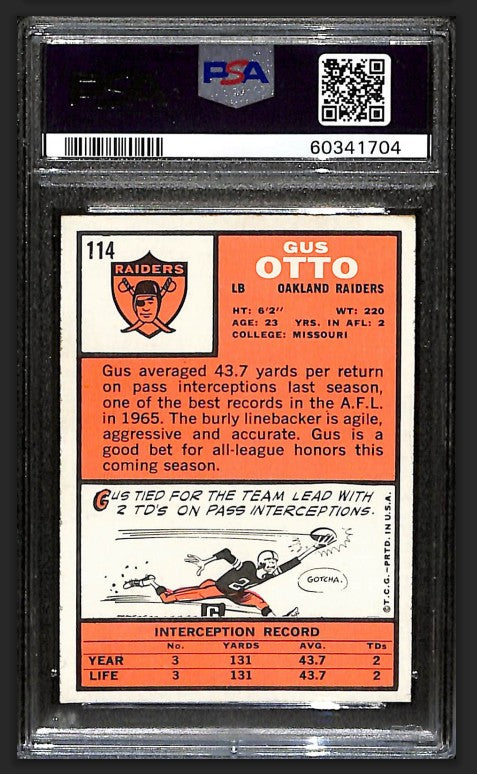 Gus Otto 1966 Topps Card #114 Raiders PSA 6 BA209180