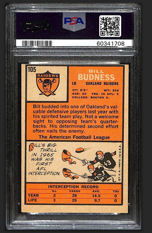 Bill Budness 1966 Topps Card #105 Raiders PSA 6 BA209183