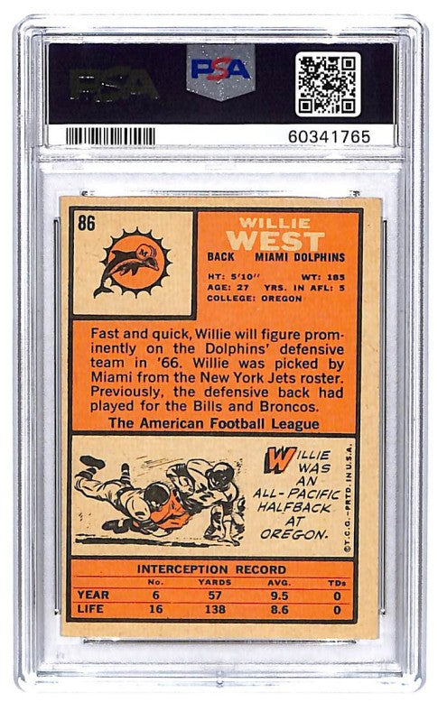 Willie West 1966 Topps Card #86 Dolphins PSA 6 BA209190