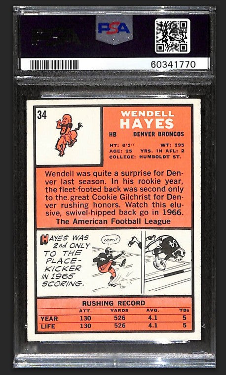 Wendell Hayes 1966 Topps Card #34 Broncos PSA 6 BA209192