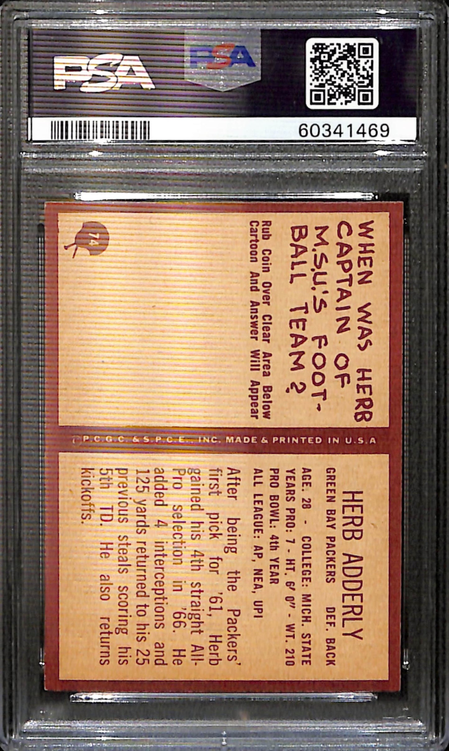Herb Adderly 1967 Philadelphia Card #74 Packers PSA 6 BA209111