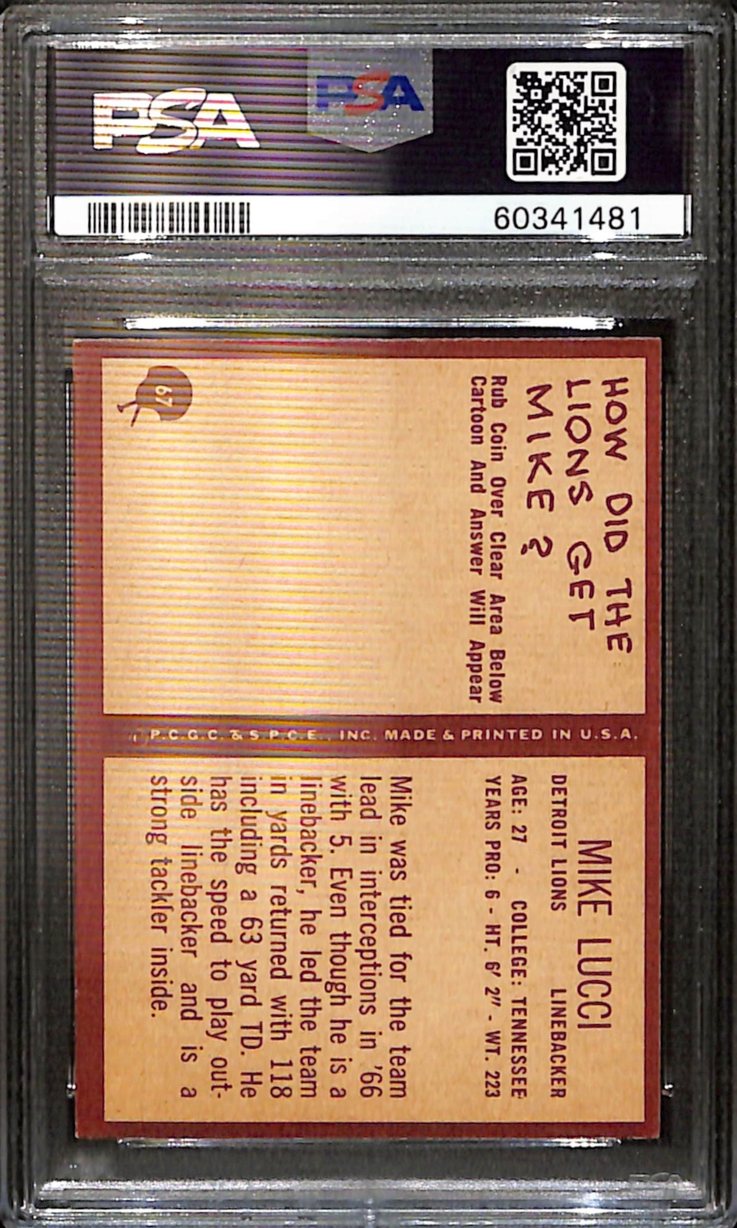 Mike Lucci 1967 Philadelphia Card #67 Lions PSA 5 BA209118