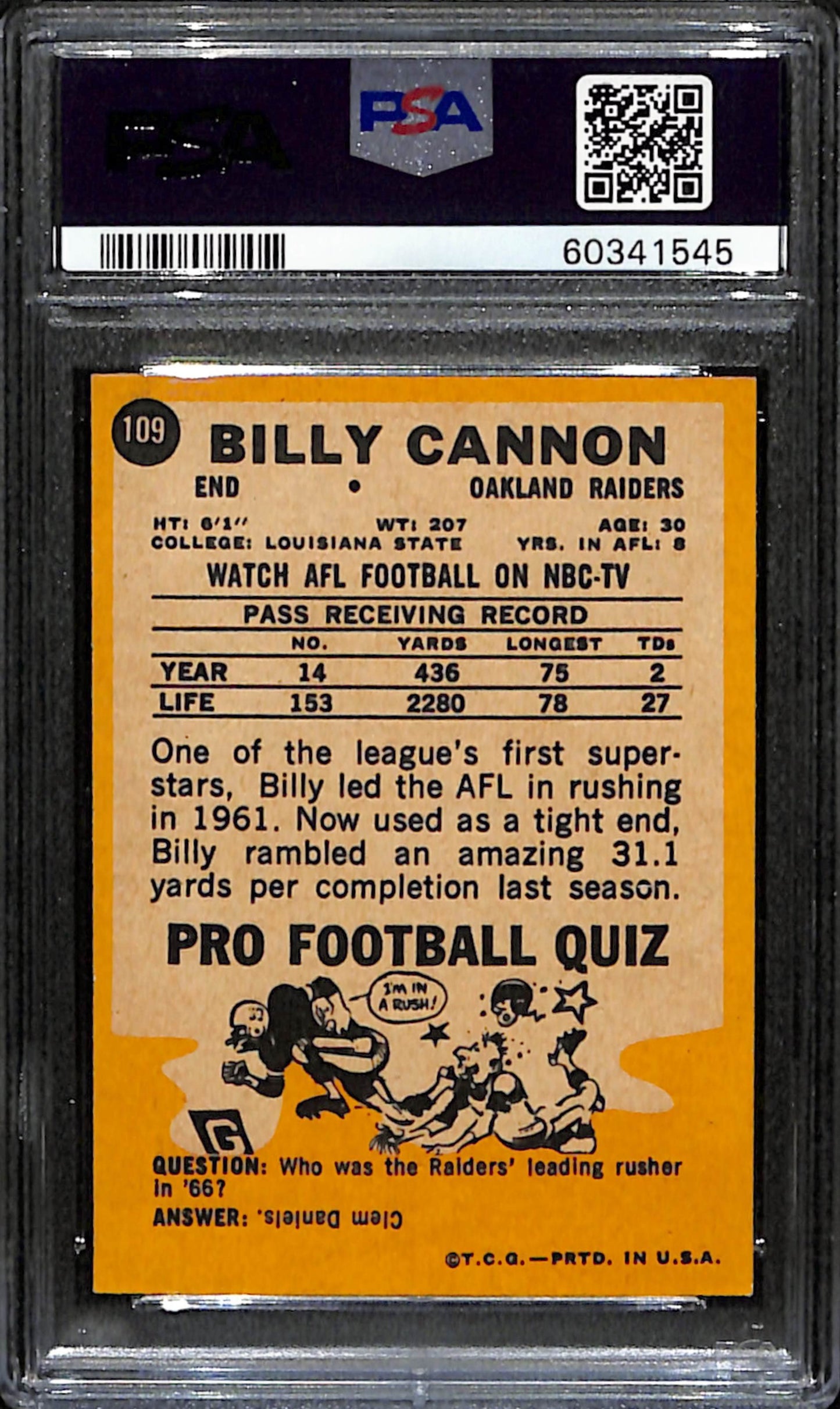 Billy Cannon 1967 Topps Card #109 Raiders PSA 6 BA209128