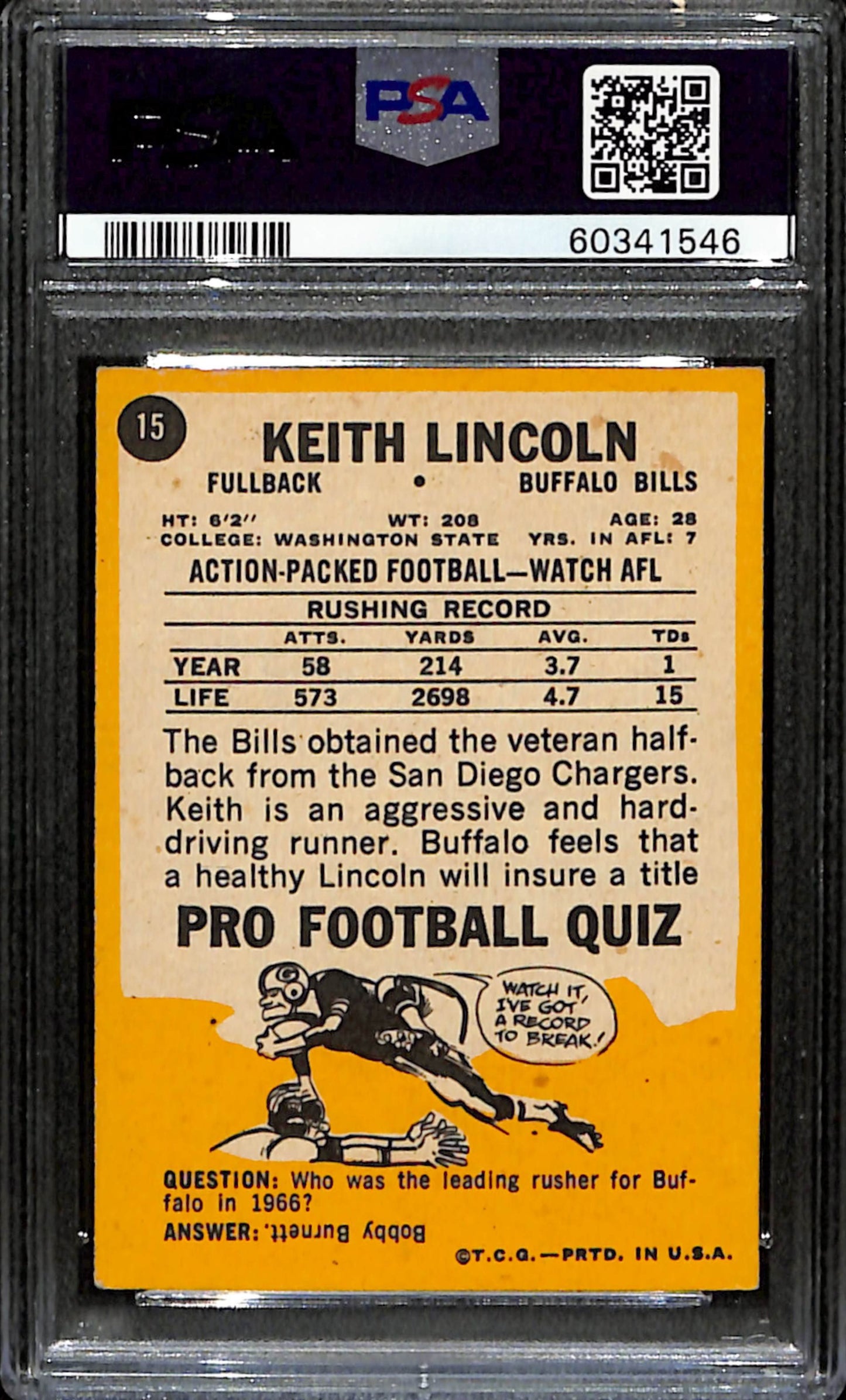 Keith Lincoln 1967 Topps Card #15 Bills PSA 4 BA209129