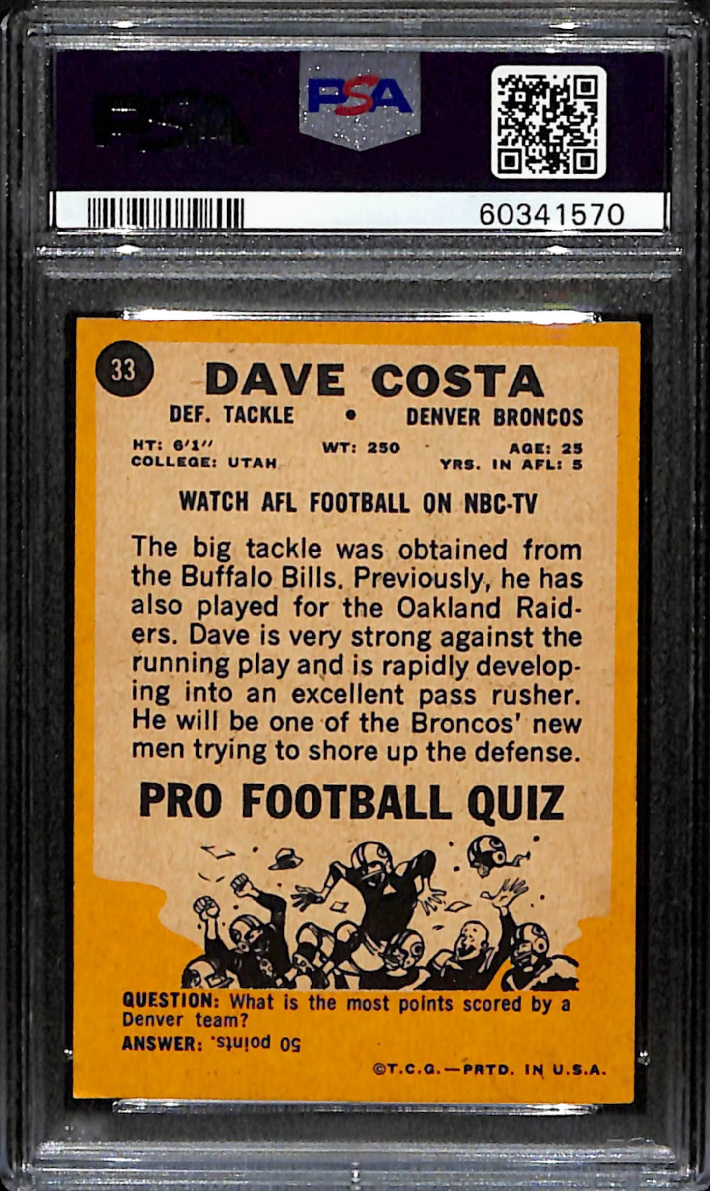 Dave Costa 1967 Topps Card #33 Broncos PSA 6 BA209136