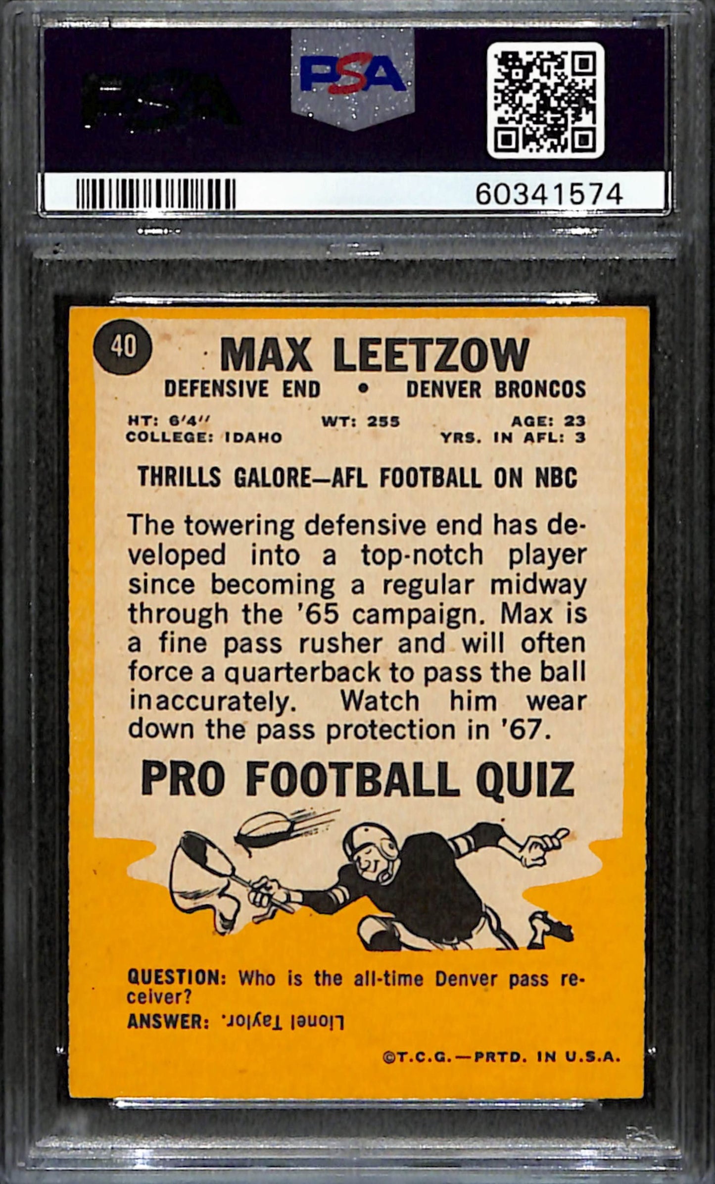 Max Leetzow 1967 Topps Card #40 Broncos PSA 6 BA209139
