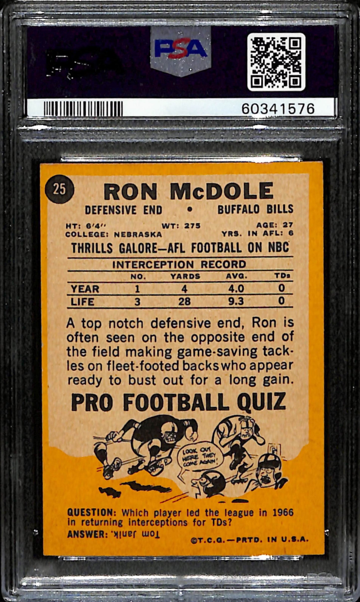 Ron McDole 1967 Topps Card #25 Bills PSA 6 BA209140