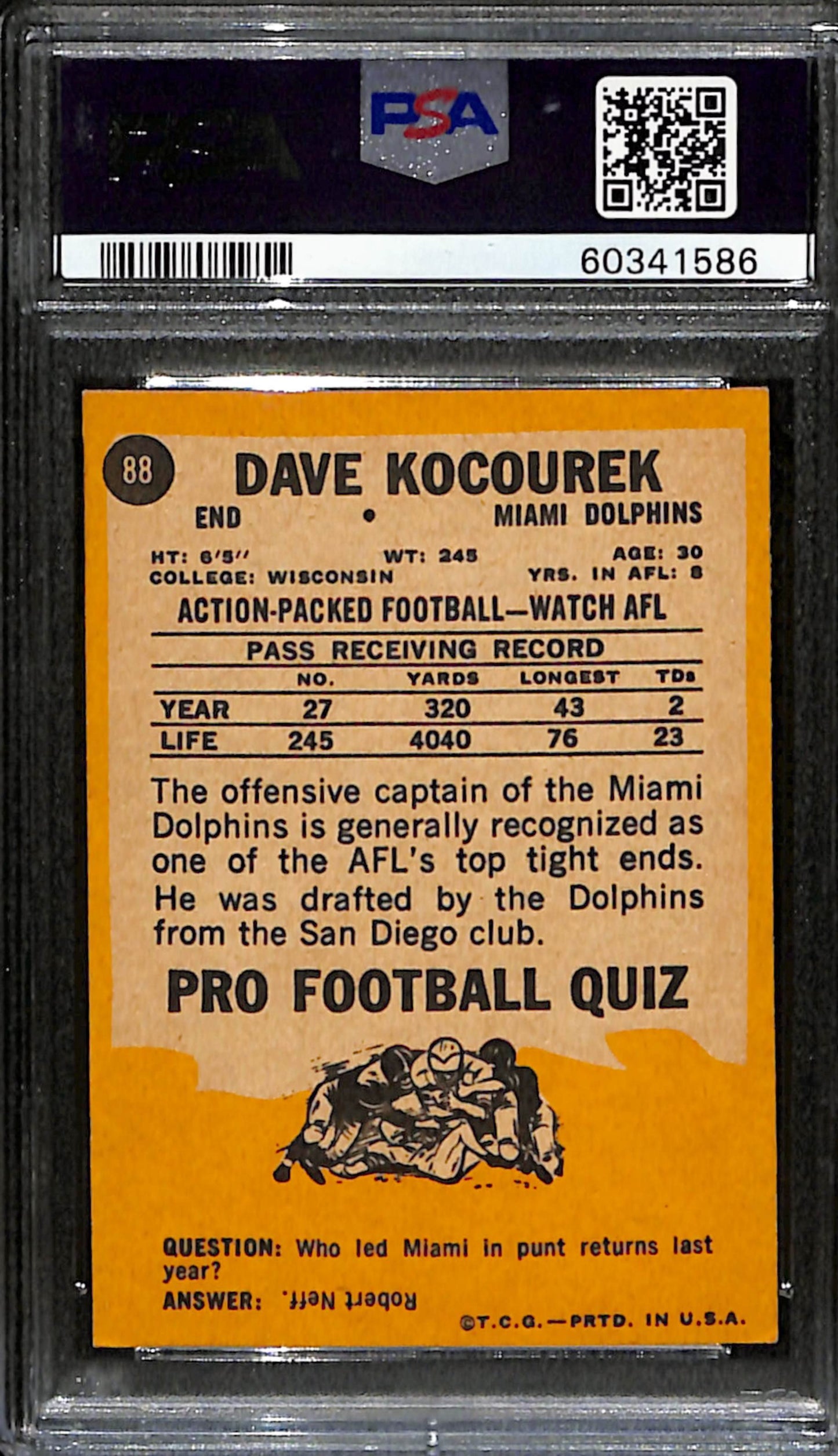 Dave Kocourek 1967 Topps Card #88 Dolphins PSA 6 BA209146
