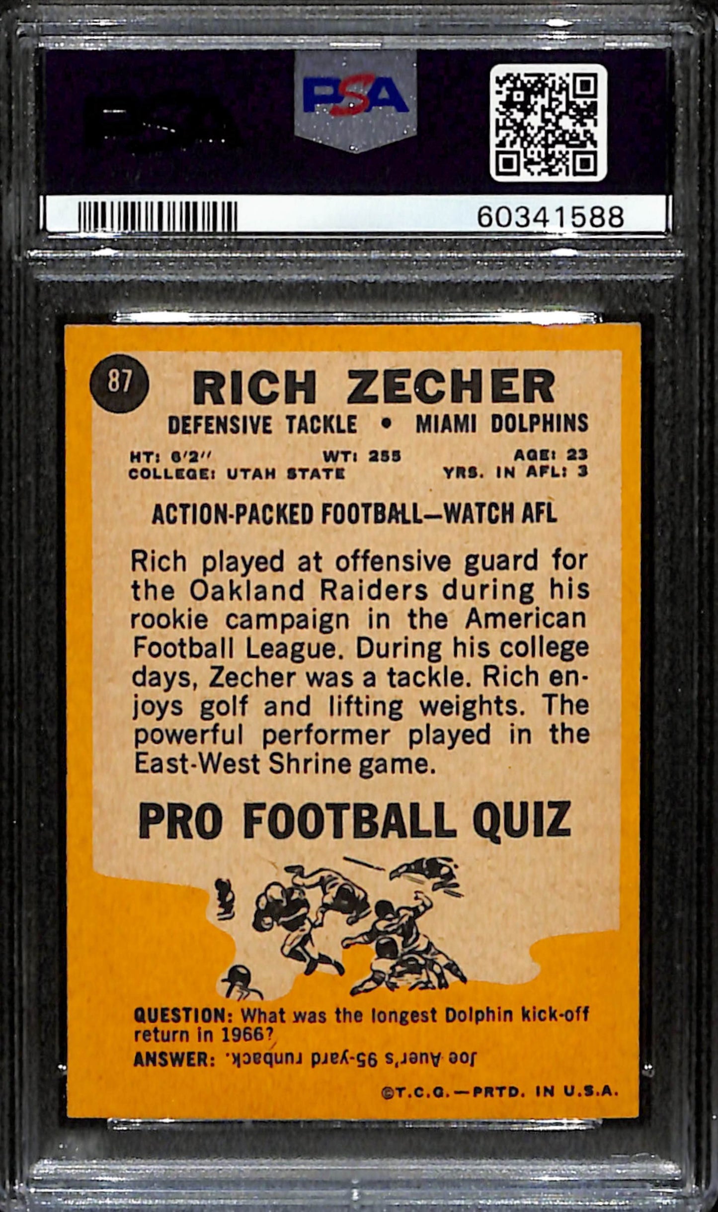 Rich Zecher 1967 Topps Card #87 Dolphins PSA 7 BA209148