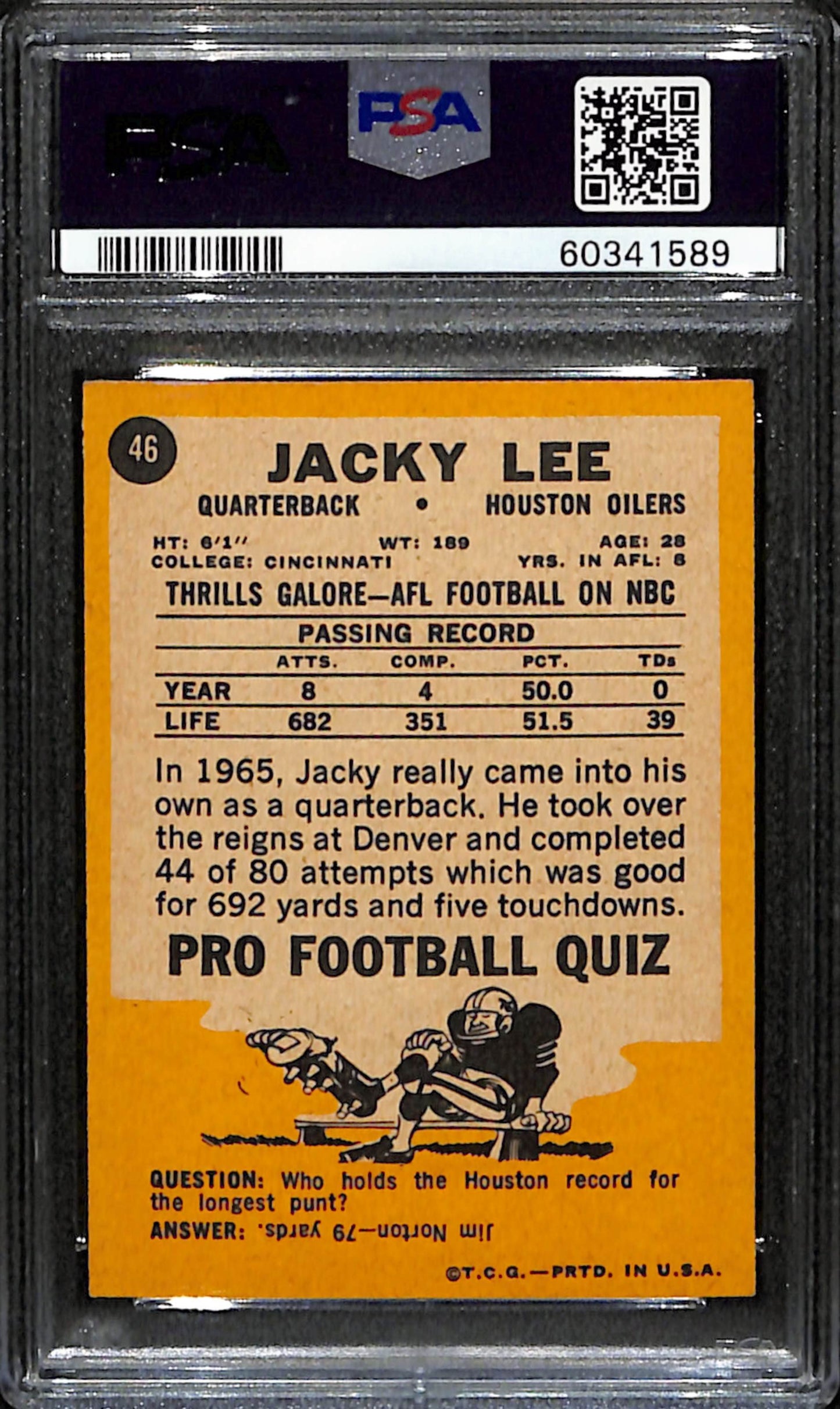 Jacky Lee 1967 Topps Card #46 Oilers PSA 7 BA209149