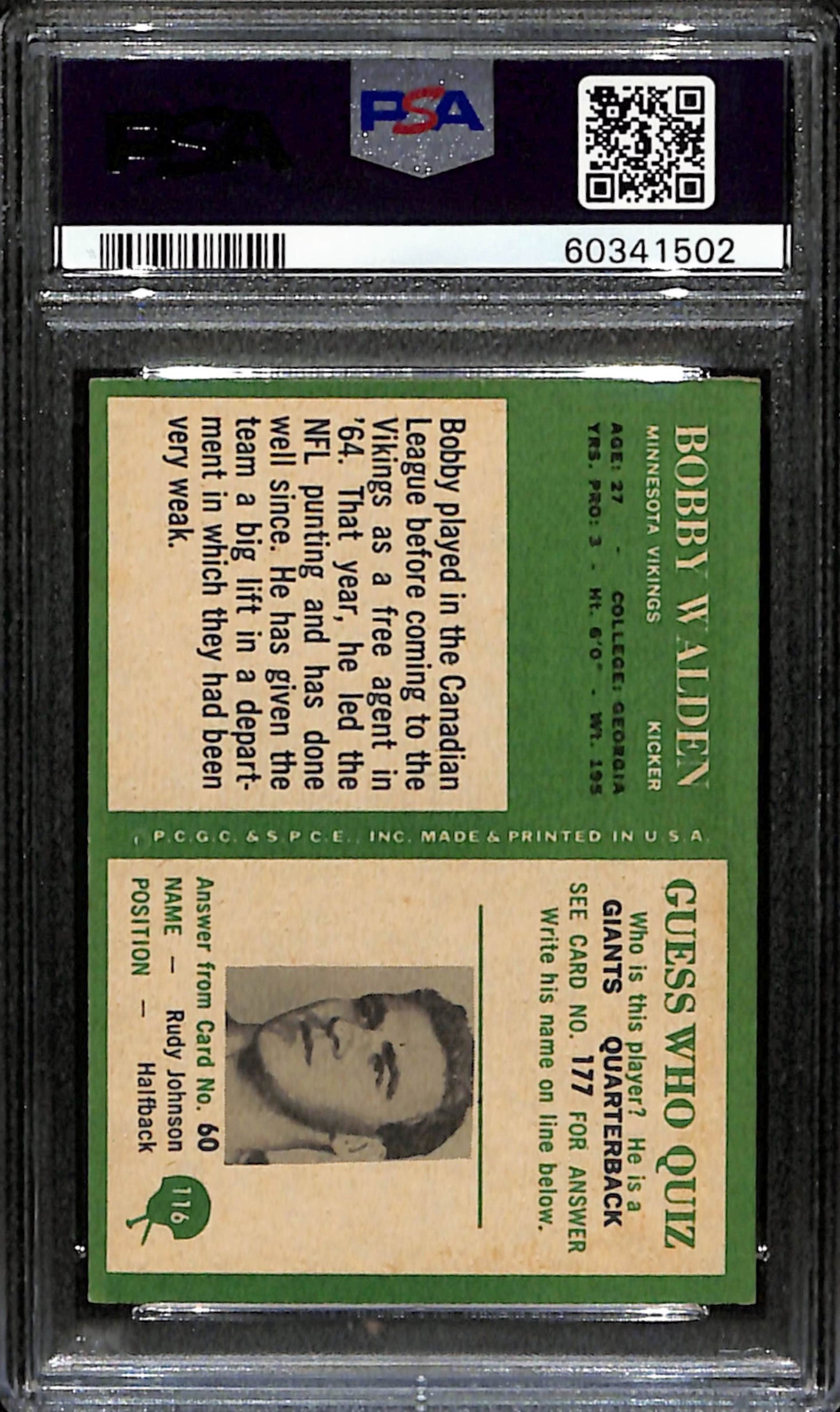 Bobby Walden 1966 Philadelphia Card #116 RC Vikings PSA 7 BA209156