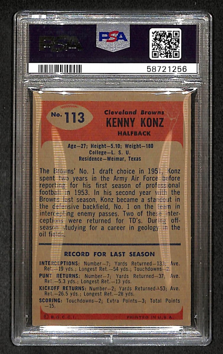 Kenny Konz 1955 Bowman Card #113 Browns PSA 4 BA209306