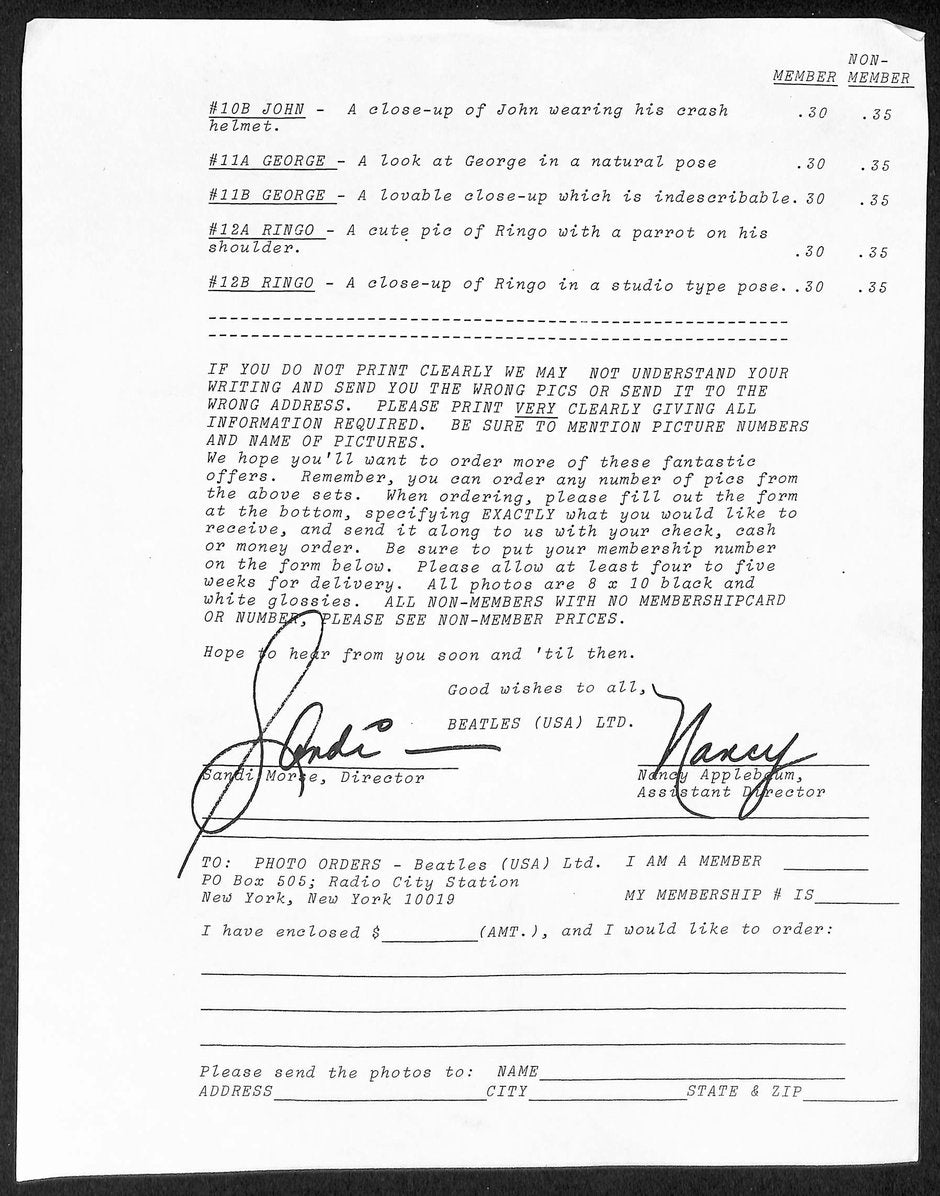 Beatles (U.S.A.) Limited Official Fan Club Letters & Forms w/ Envelope 209863