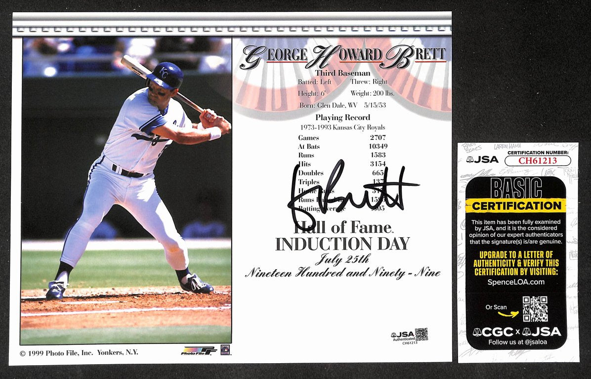 George Brett HOF Signed/Auto 8x10 HOF Induction Day Document w/ Photo JSA 209866