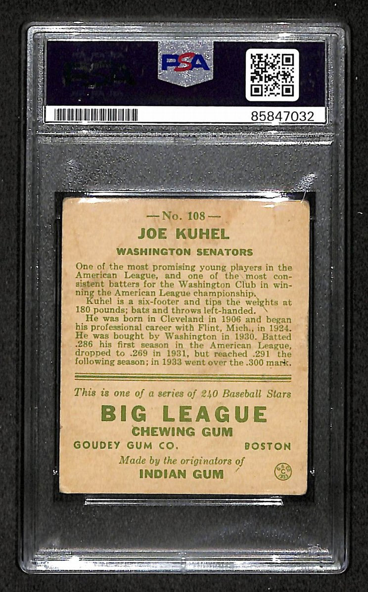 Joe Kuhel 1933 Goudey Card #108 Senators Autographed/Signed PSA/DNA 210733