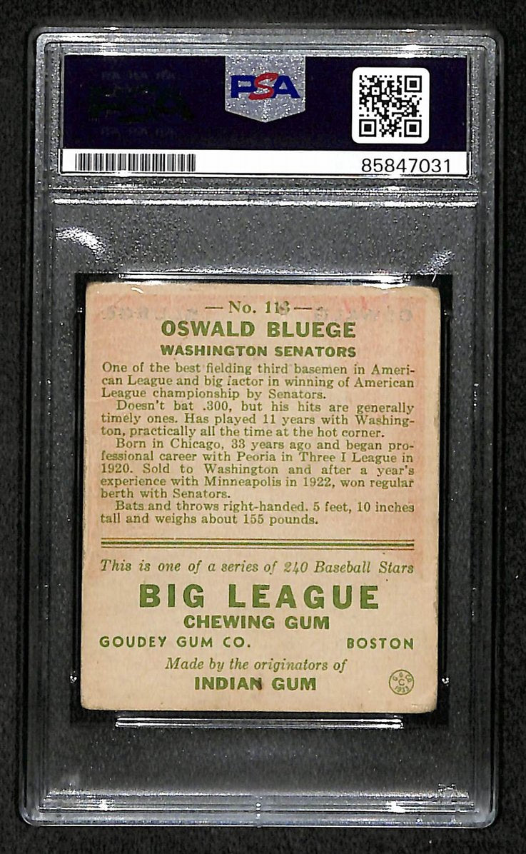 Oswald Bluege 1933 Goudey Card #113 Senators Autographed/Signed PSA/DNA 210734
