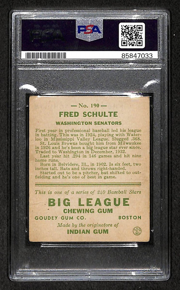 Fred Schulte 1933 Goudey Card #190 Senators Autographed/Signed PSA/DNA 210736