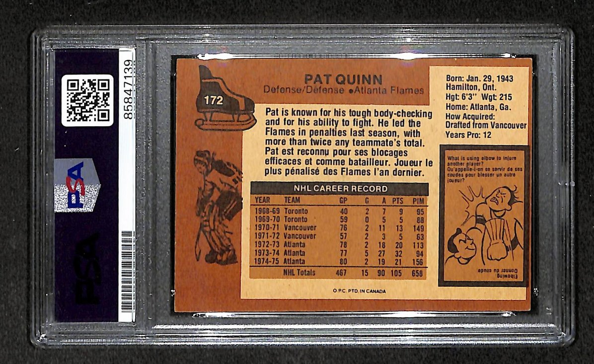 Pat Quinn HOF 1975-76 O-Pee-Chee Card #172 Signed Flames PSA/DNA 210822