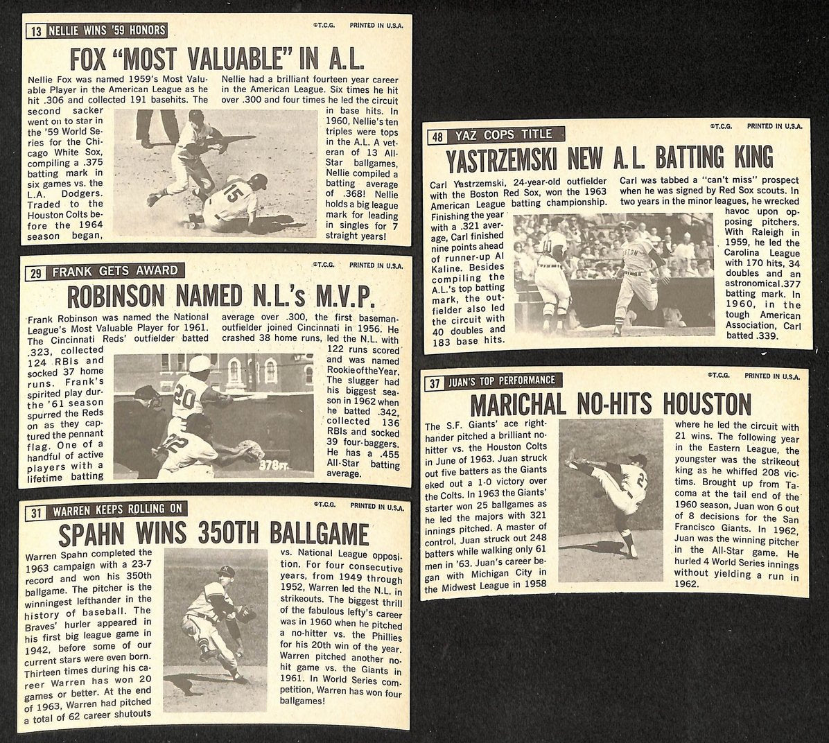 Lot of (5) 1964 Topps Giant HOFers Yaz, Spahn, Marichal, Fox 210878