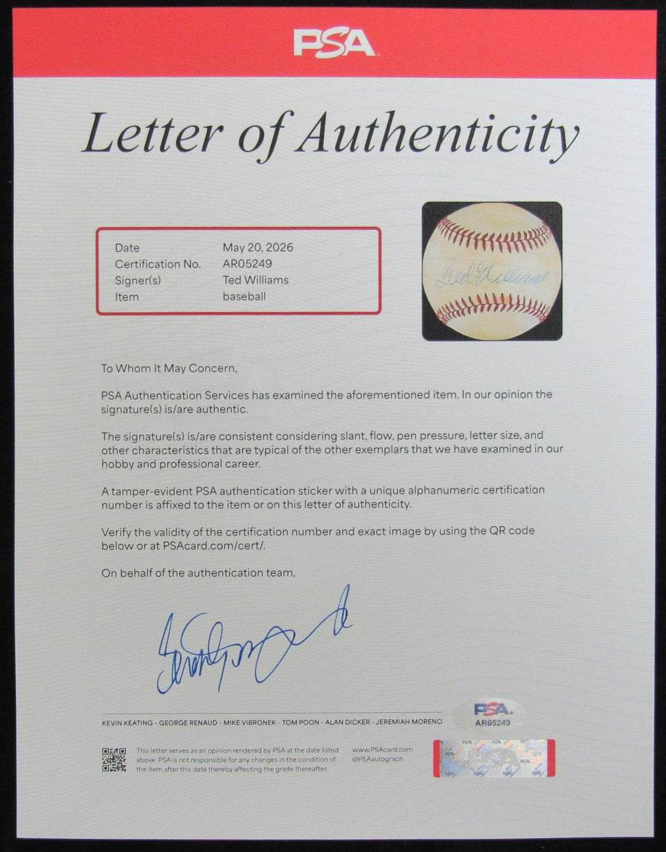 Ted Williams HOF Signed/Auto OAL Baseball Boston Red Sox PSA/DNA 209930