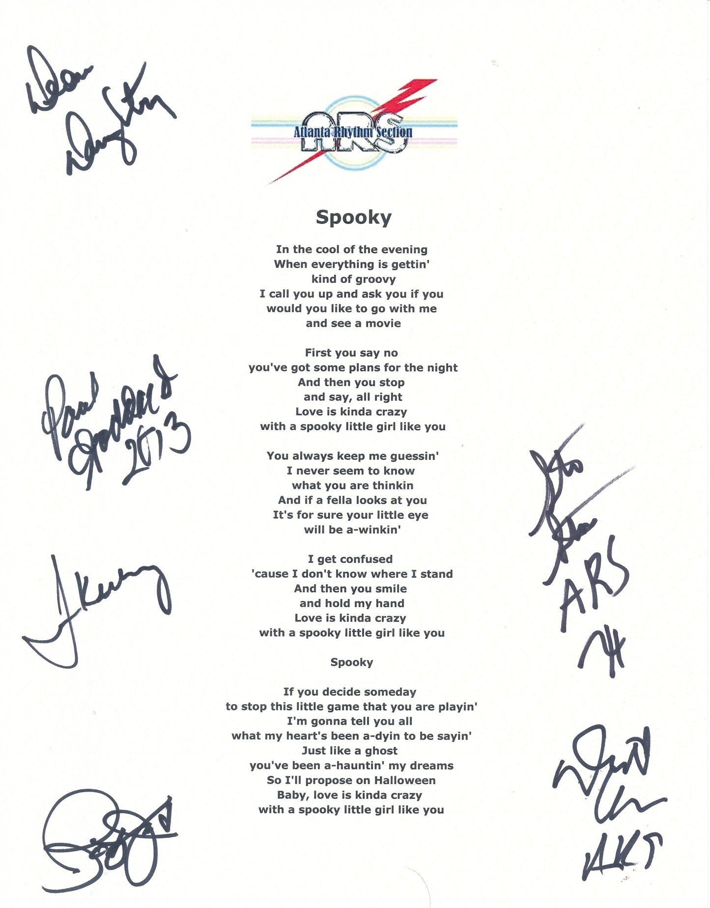 Atlanta Rhythm Section "Spooky" Song Lyrics Signed by (6) Band Members 210189