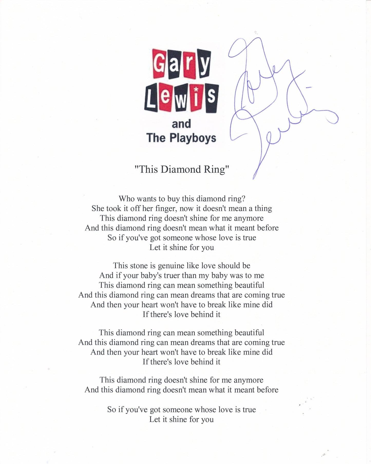 Gary Lewis and The Playboys "This Diamond Ring" Song Lyrics Signed by Gary Lewis