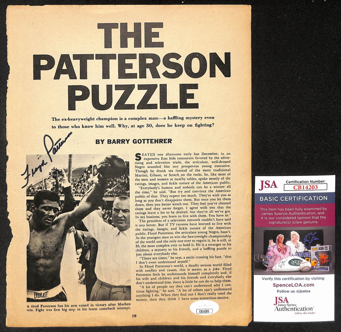 Floyd Patterson Signed/Autographed Newspaper Article Boxing JSA 210582