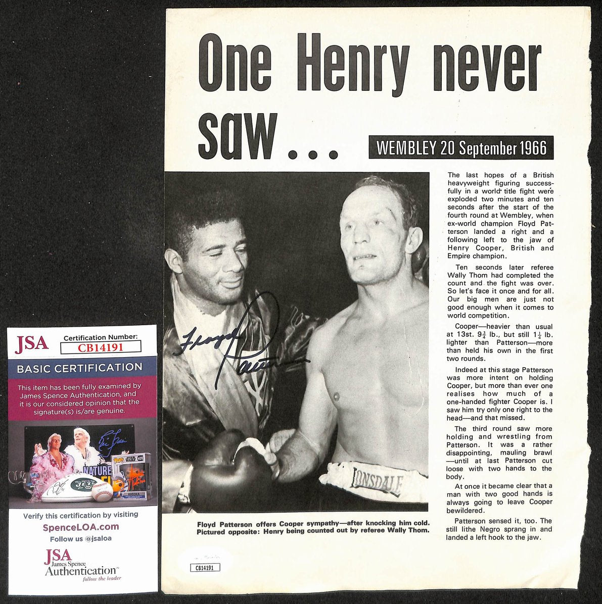Floyd Patterson Signed/Autographed Newspaper Article Boxing JSA 210584