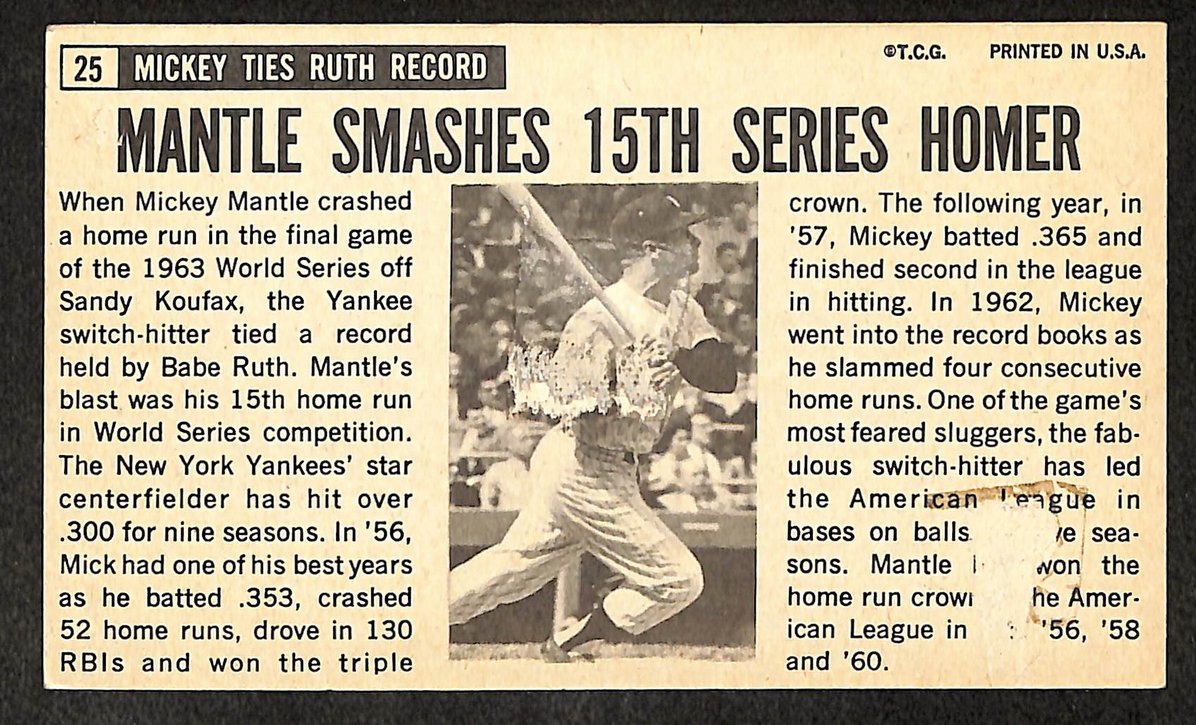 1964 Topps Giant Baseball Card #25 Mickey Mantle New York Yankees 210894