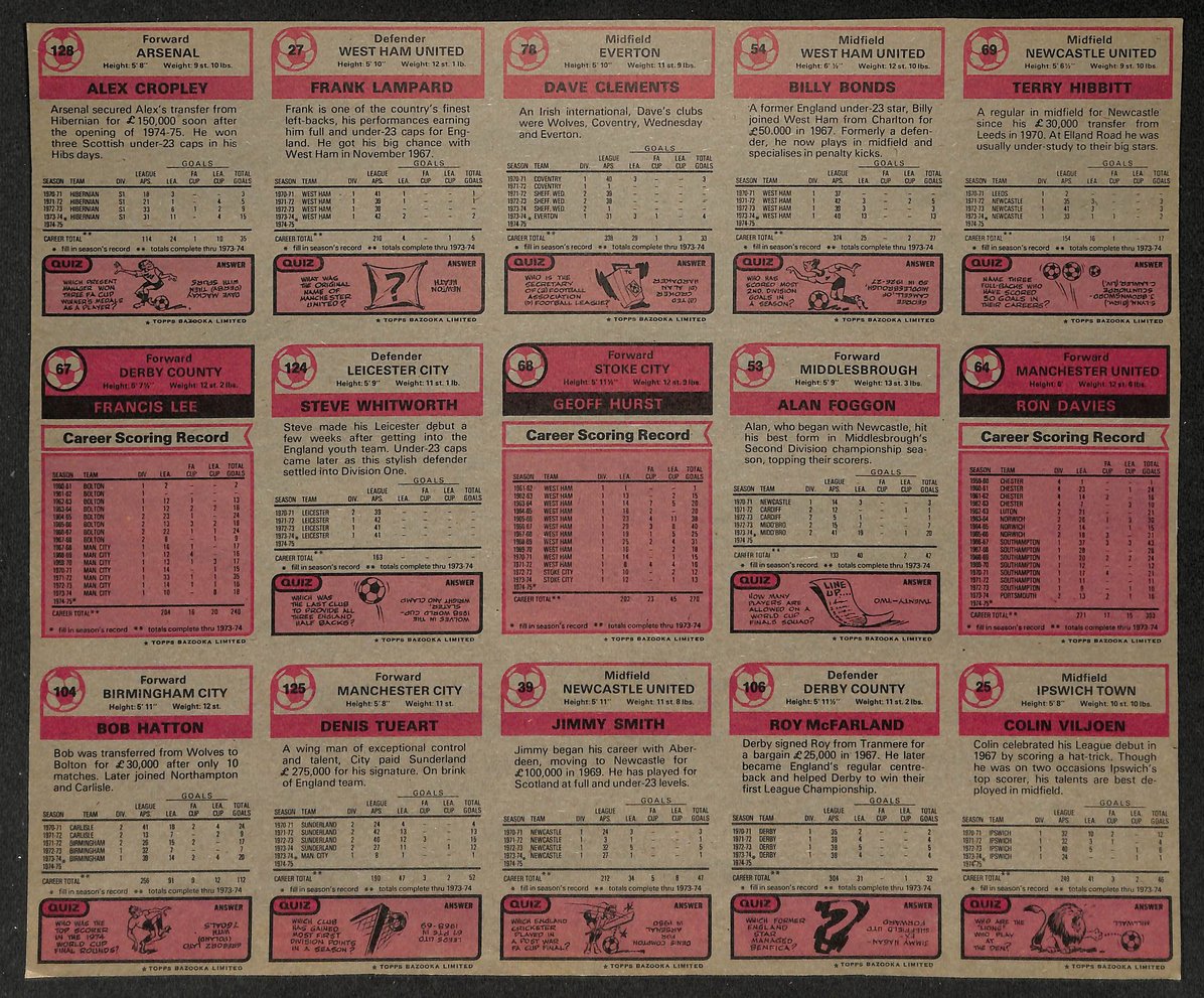 1974-75 TOPPS Soccer/Football Uncut Sheet (15 Cards) RARE 208966