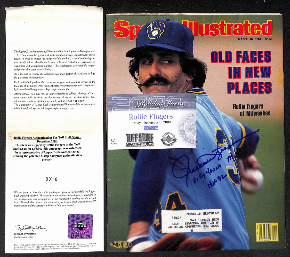 Rollie Fingers HOF Signed/Inscribed 1981 Sports Illustrated Magazine UD 210502
