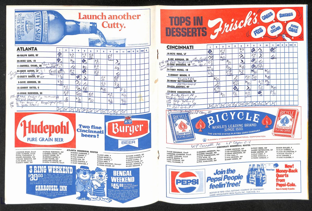 4/4/1974 Cincinnati vs. Atlanta MLB Game Program Scored Aaron ties Ruth 714 HRs