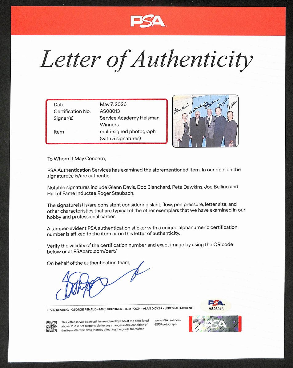 Davis, Blanchard, Dawkins, Bellino & Staubach HOF Signed 8x10 Photo PSA Letter