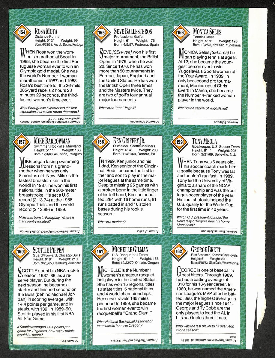 1990 Sports Illustrated for Kids 9 Card Uncut Sheet Griffey Jr/Pippen 211275